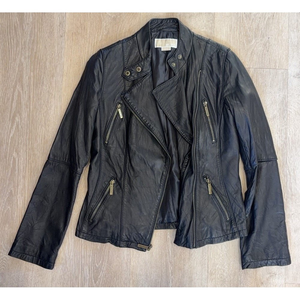 Michael Kors Lambskin Leather Moto Jacket Womens Black Biker Asymmetrical Medium